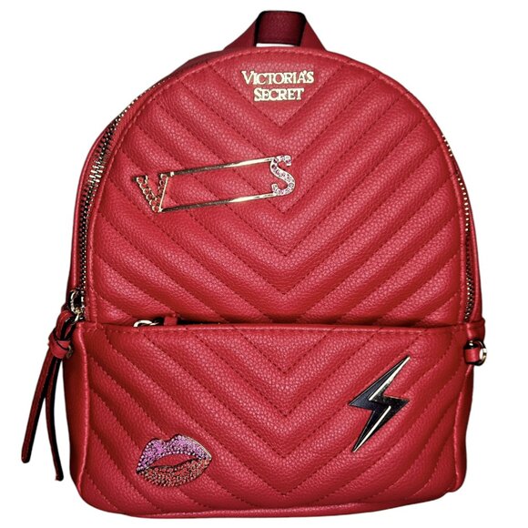 Victoria's Secret Handbags - Victoria’s Secret Red Gold Embellished V-Quilt Small City Backpack Mini Bag